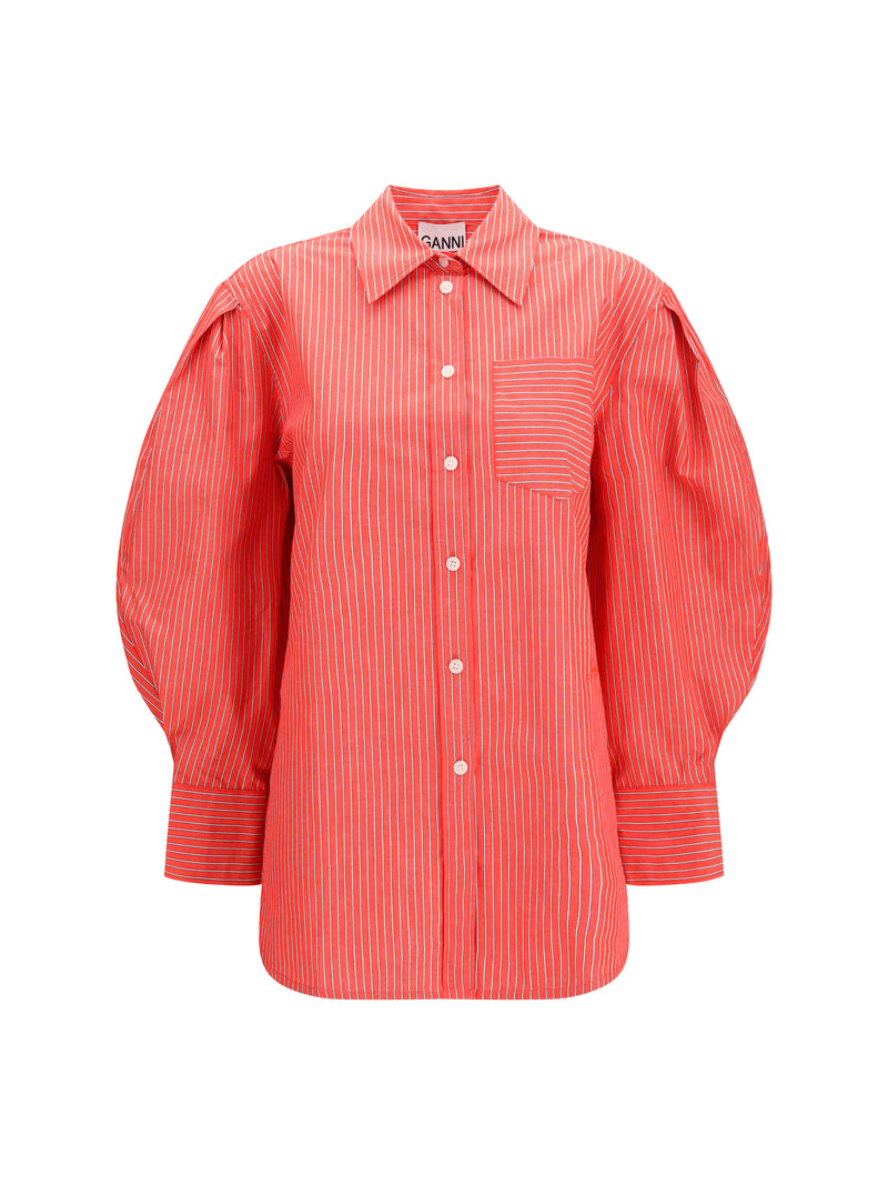 Ganni Ganni Striped Cotton Shirt Balloon Sleeves Red - World Class Fashion