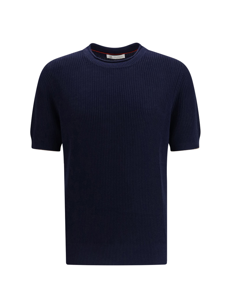 Brunello Cucinelli Brunello Cucinelli Cotton and Linen Knit T-shirt Navy+Nocciola - World Class Fashion