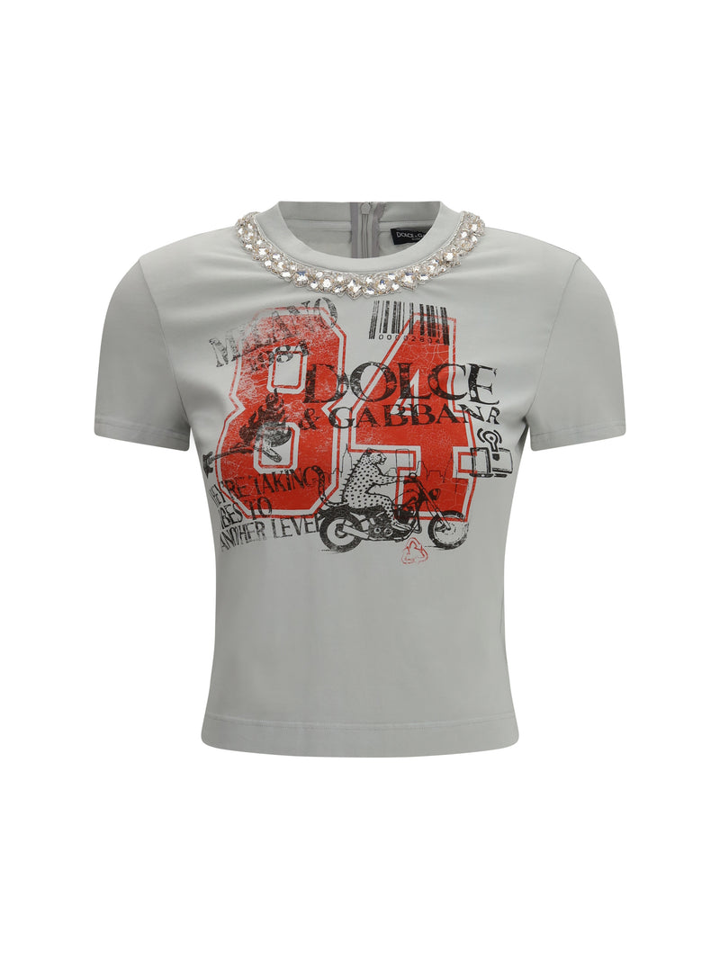 Dolce & Gabbana Dolce & Gabbana Jersey T-shirt with Print and Crystals Grey - World Class Fashion