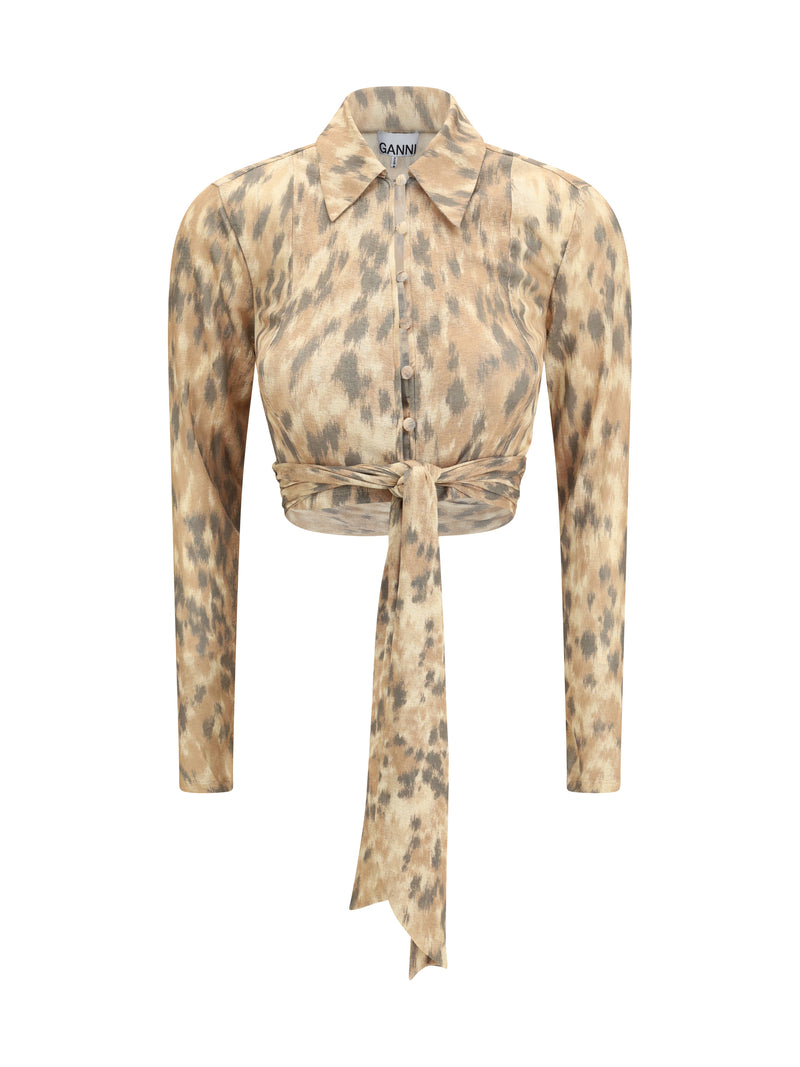 Ganni Ganni Printed Marl Mesh Tie Blouse Burro - World Class Fashion