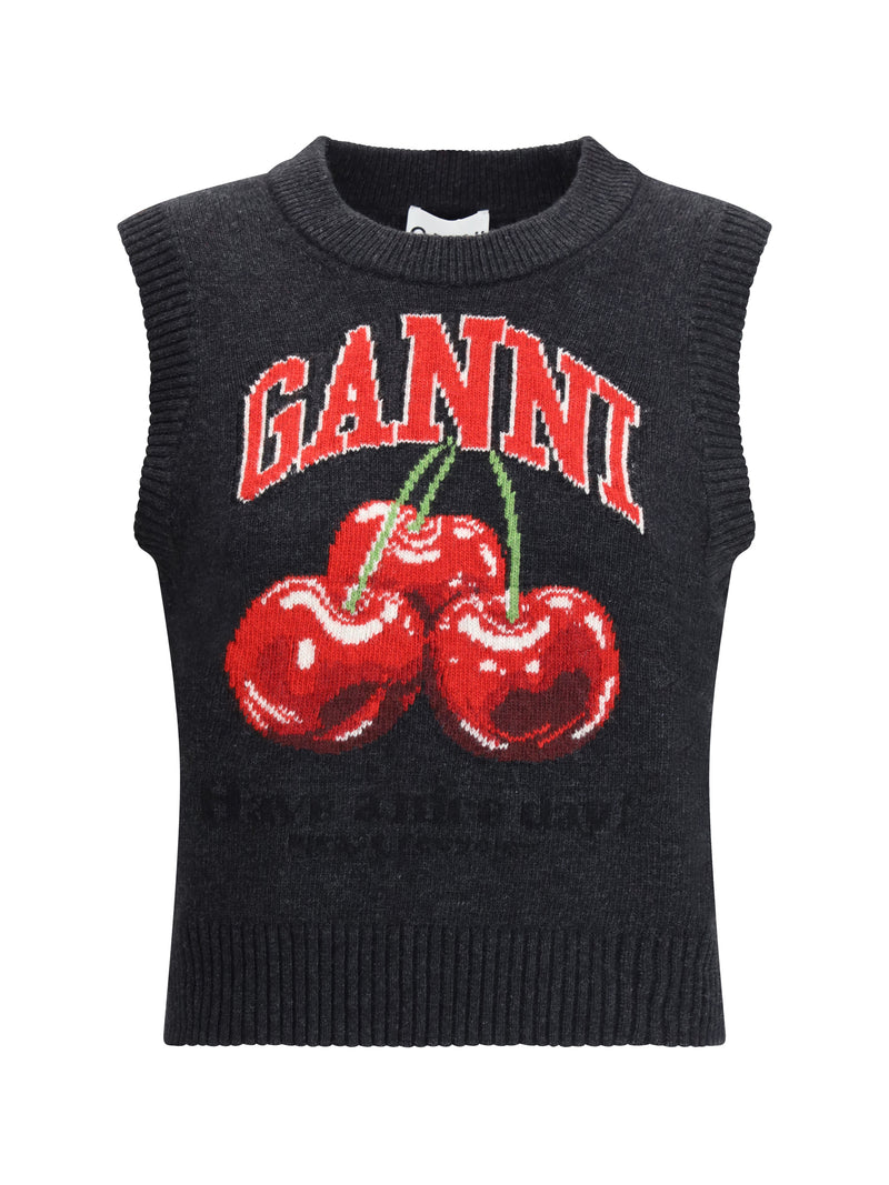 Ganni Ganni Wool Vest With Graphic Cherries Phantom - World Class Fashion