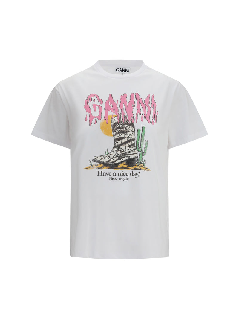 Ganni Ganni Western T-shirt with Cowboy Boots Bright White - World Class Fashion