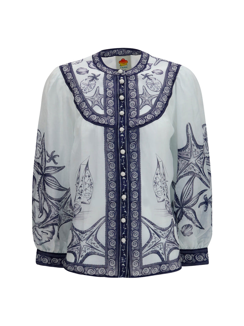 Farm Rio Farm Rio Seaside Print Blouse Coast Scarf Off-White - World Class Fashion