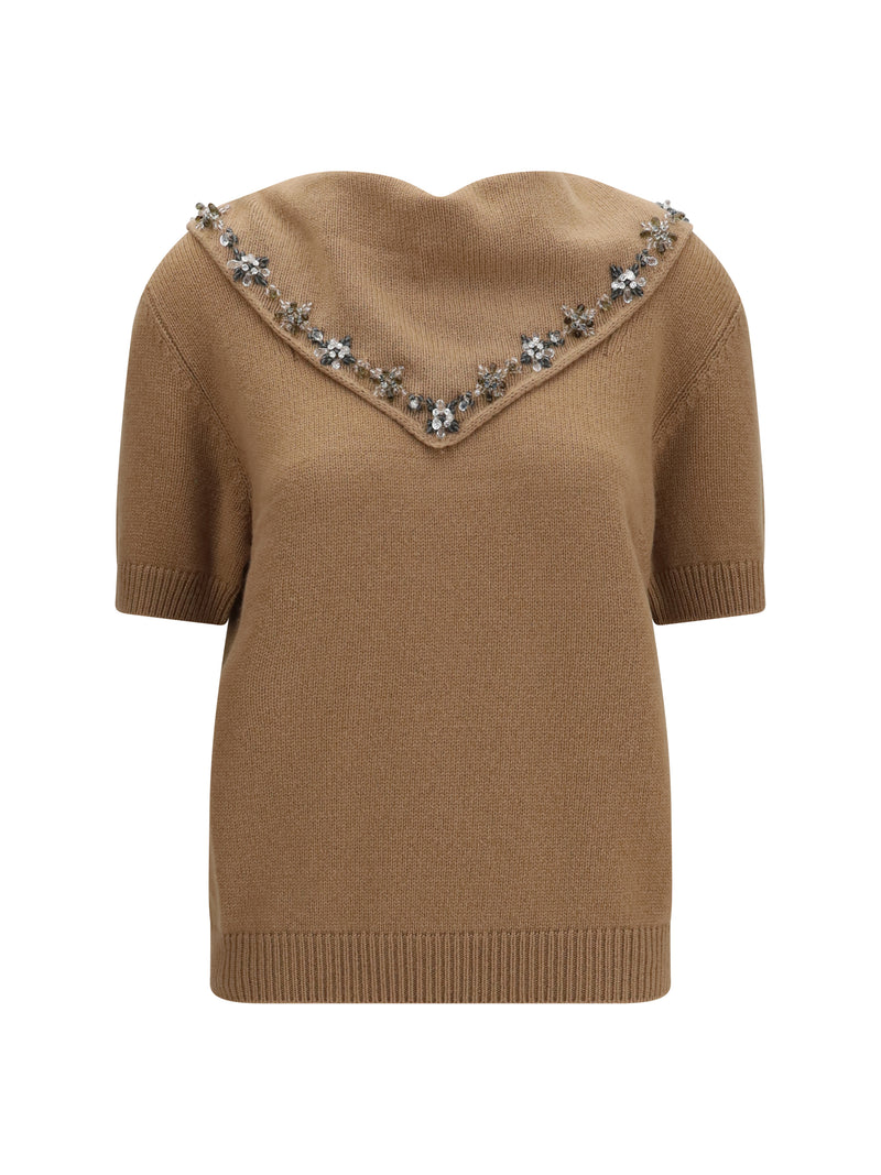 Prada Prada Cashmere Sweater with Jewel Scarf Cammello - World Class Fashion