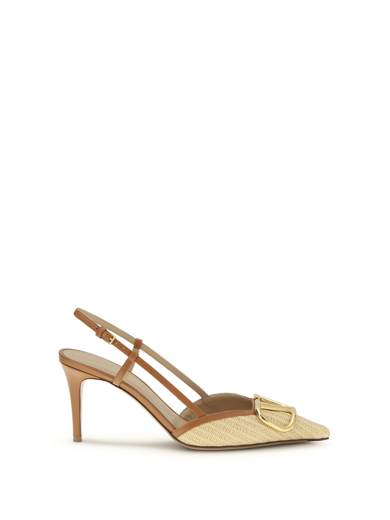 Valentino Garavani Valentino Garavani VLogo Raffia Slingback Pumps Beige - World Class Fashion