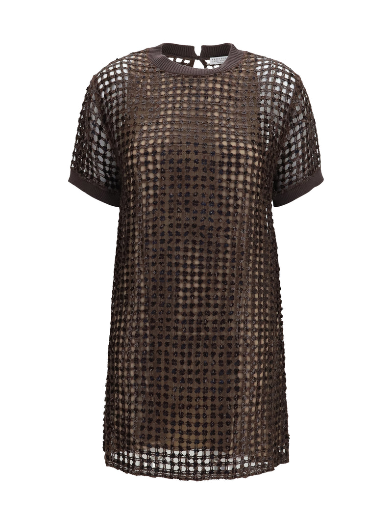 Brunello Cucinelli Brunello Cucinelli Sequin Mesh Mini Dress Dark Brown - World Class Fashion
