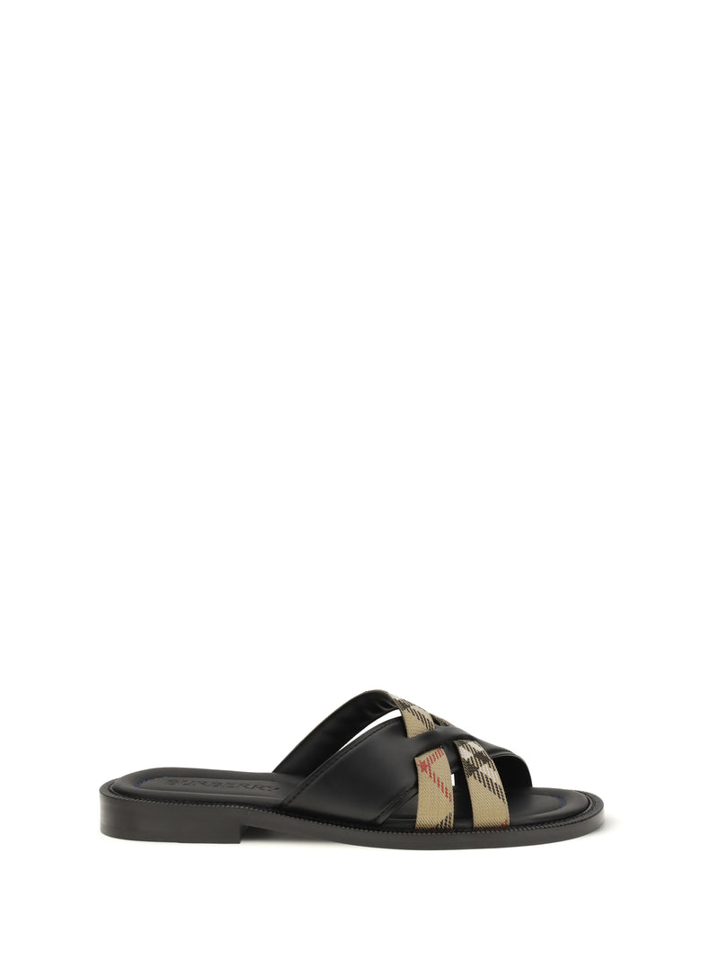 Burberry Burberry Drift Leather and Check Sandals Black/Sand IP Check - World Class Fashion