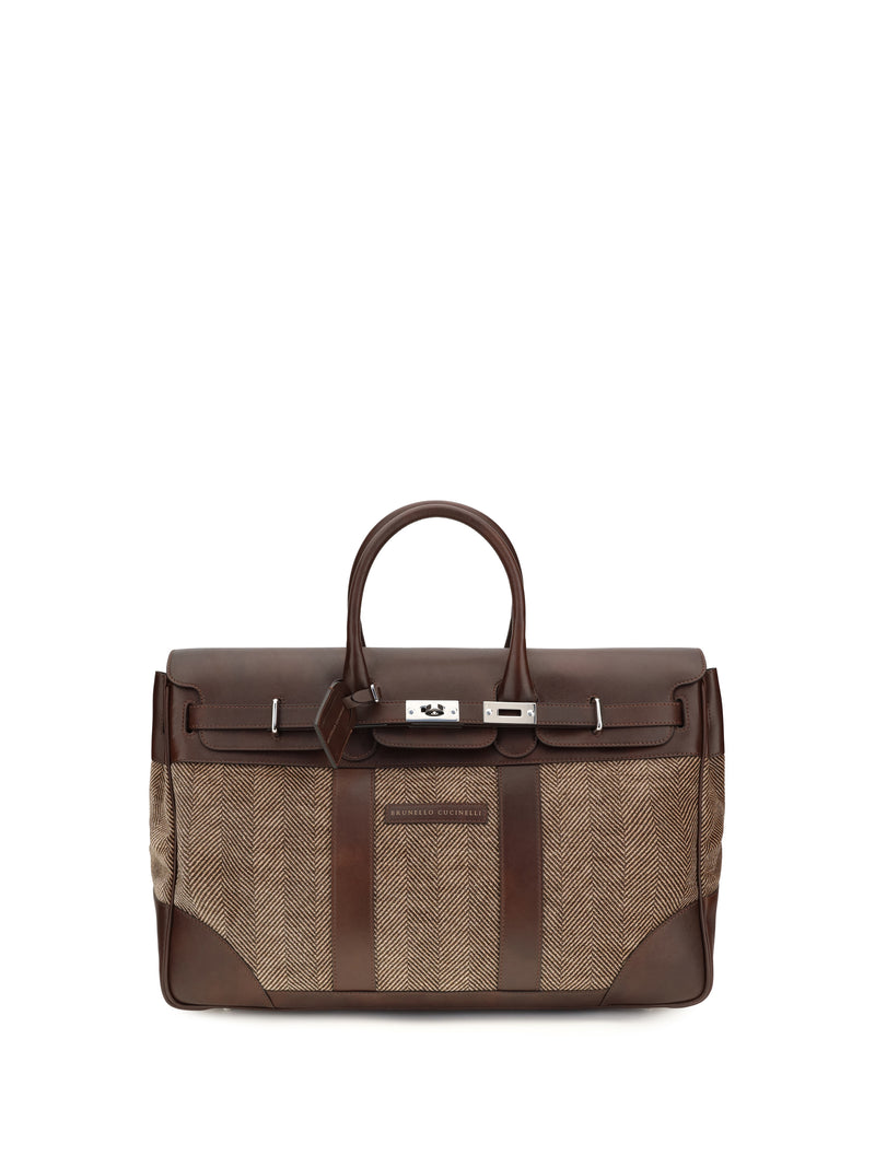 Brunello Cucinelli Brunello Cucinelli Leather and Fabric Travel Bag Brown/Burgundy - World Class Fashion