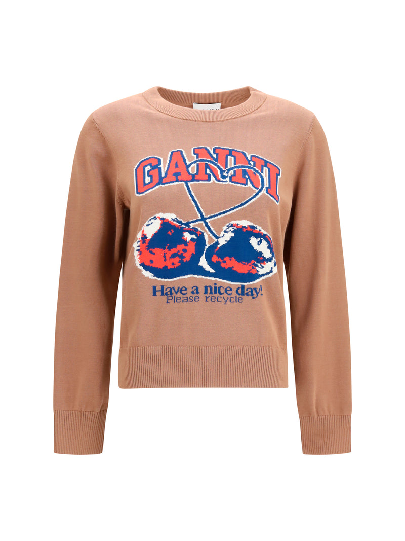 Ganni Ganni Cherry-print Cotton Sweater Camel - World Class Fashion