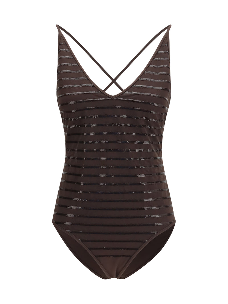 Brunello Cucinelli Brunello Cucinelli Shimmering Striped Swimsuit Cacao - World Class Fashion