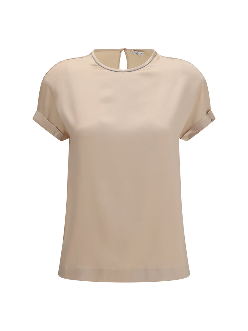 Brunello Cucinelli Brunello Cucinelli Silk Blouse with Monili Chain Sabbia - World Class Fashion