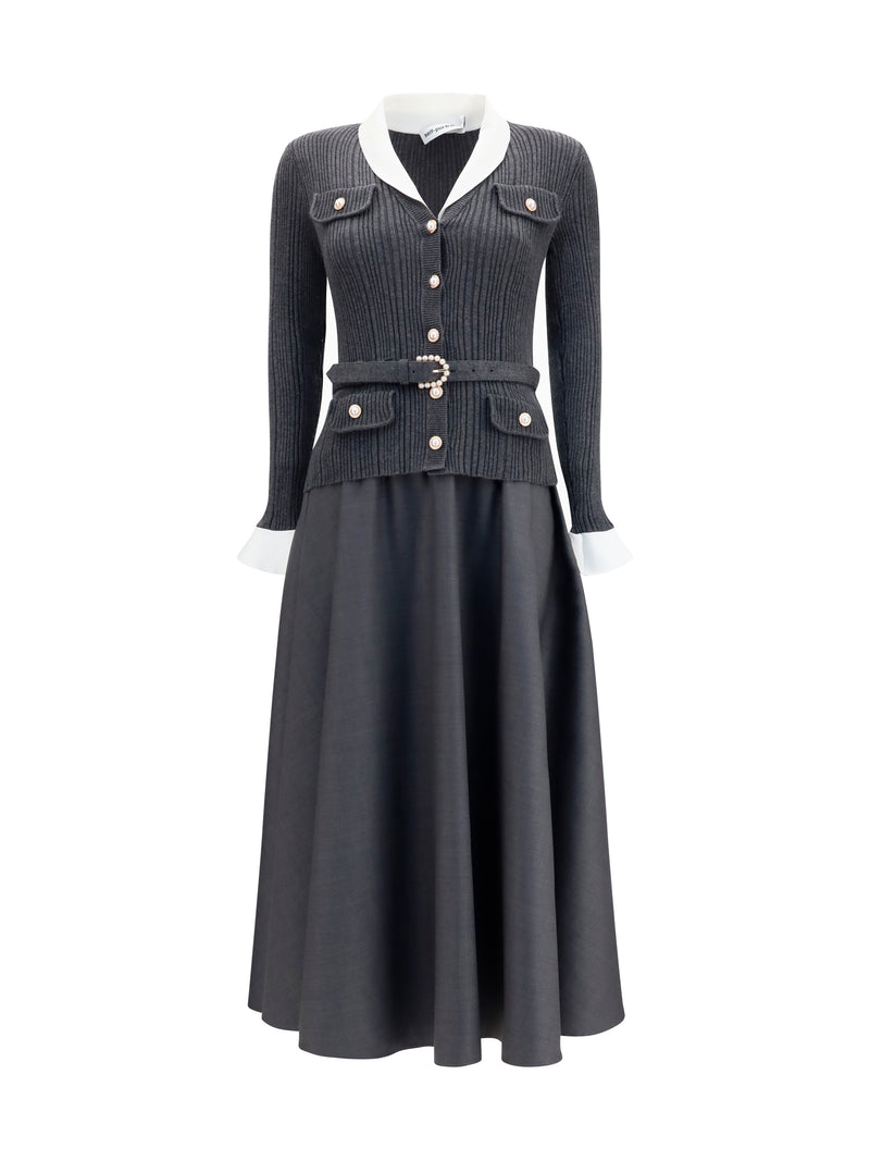 Self-portrait Self-portrait Knit And Twill Midi Dress Grey - World Class Fashion