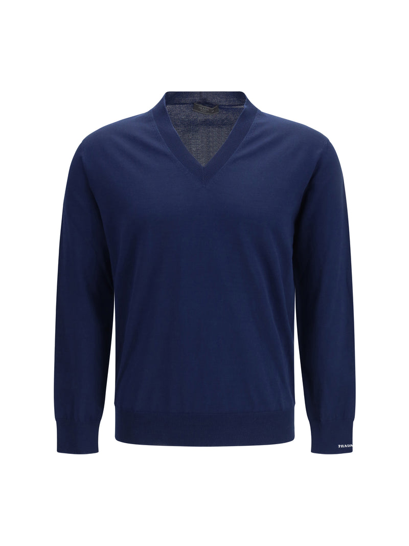 Prada Prada Cotton V-neck Sweater Bleu Men - World Class Fashion