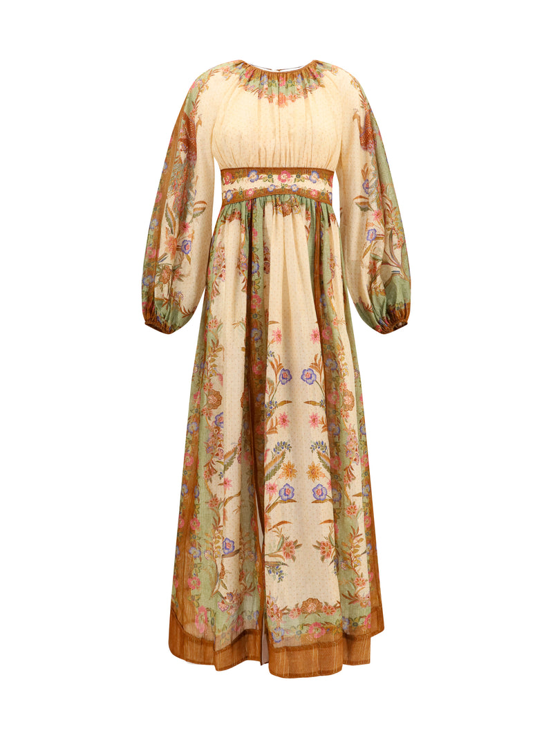 Zimmermann Vestido largo Zimmermann Indra con cintura elástica color crema y caqui - World Class Fashion