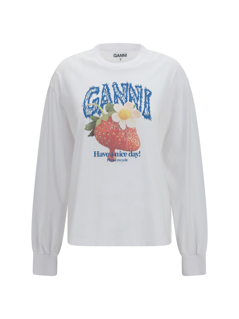 Ganni Ganni Strawberry Long-sleeve Cotton T-shirt Bright White - World Class Fashion