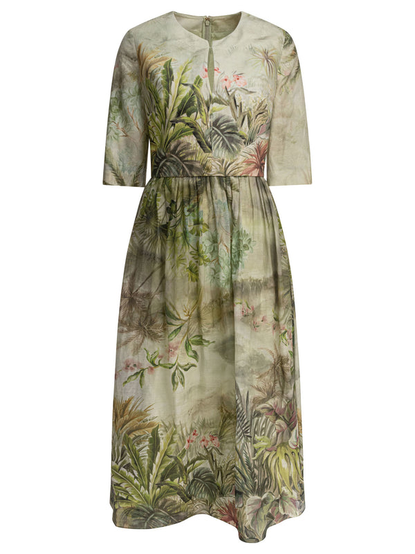 Elie Saab Printed Linen And Silk Midi Dress Oasis Ii38 Linen