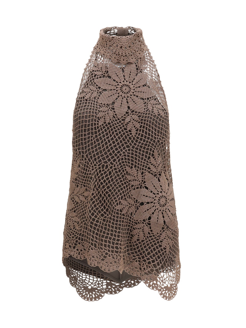 Magda Butrym Magda Butrym Crochet Lace High-neck Top Brown - World Class Fashion