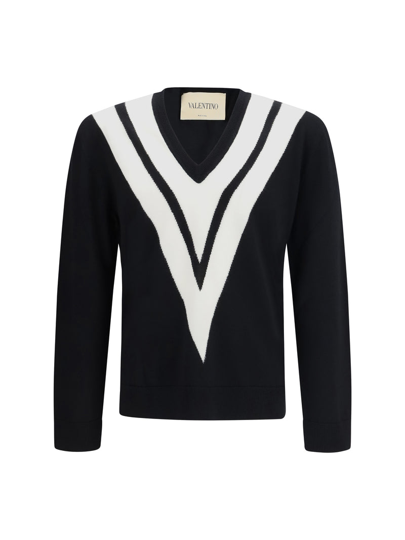 Valentino Valentino Virgin Wool Sweater with Intarsia V Nero/Burro - World Class Fashion