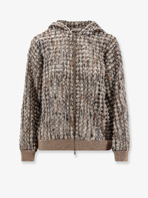 Brunello Cucinelli Perforated Wool Blend Cardigan With Sequins