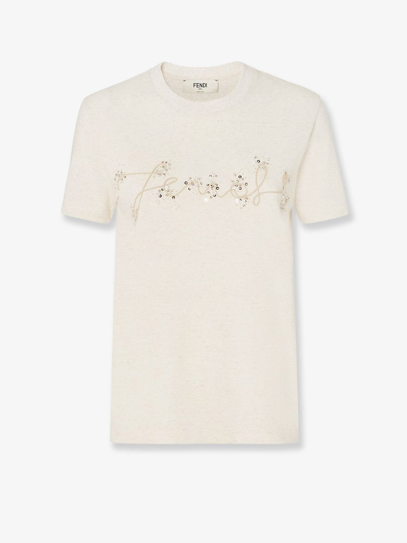 Fendi Fendi Women's T-Shirt with Rhinestone Logo White - World Class Fashion