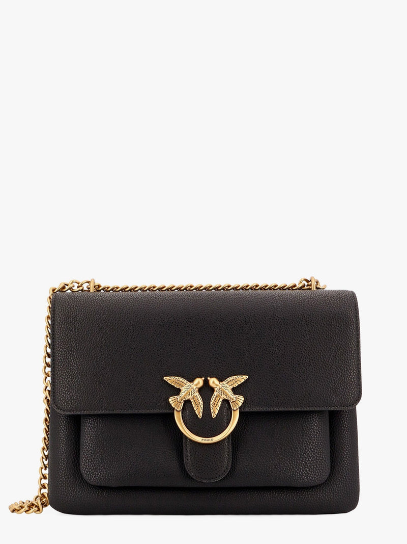 Pinko Pinko Leather Shoulder Bag Black with Love Birds Buckle - World Class Fashion