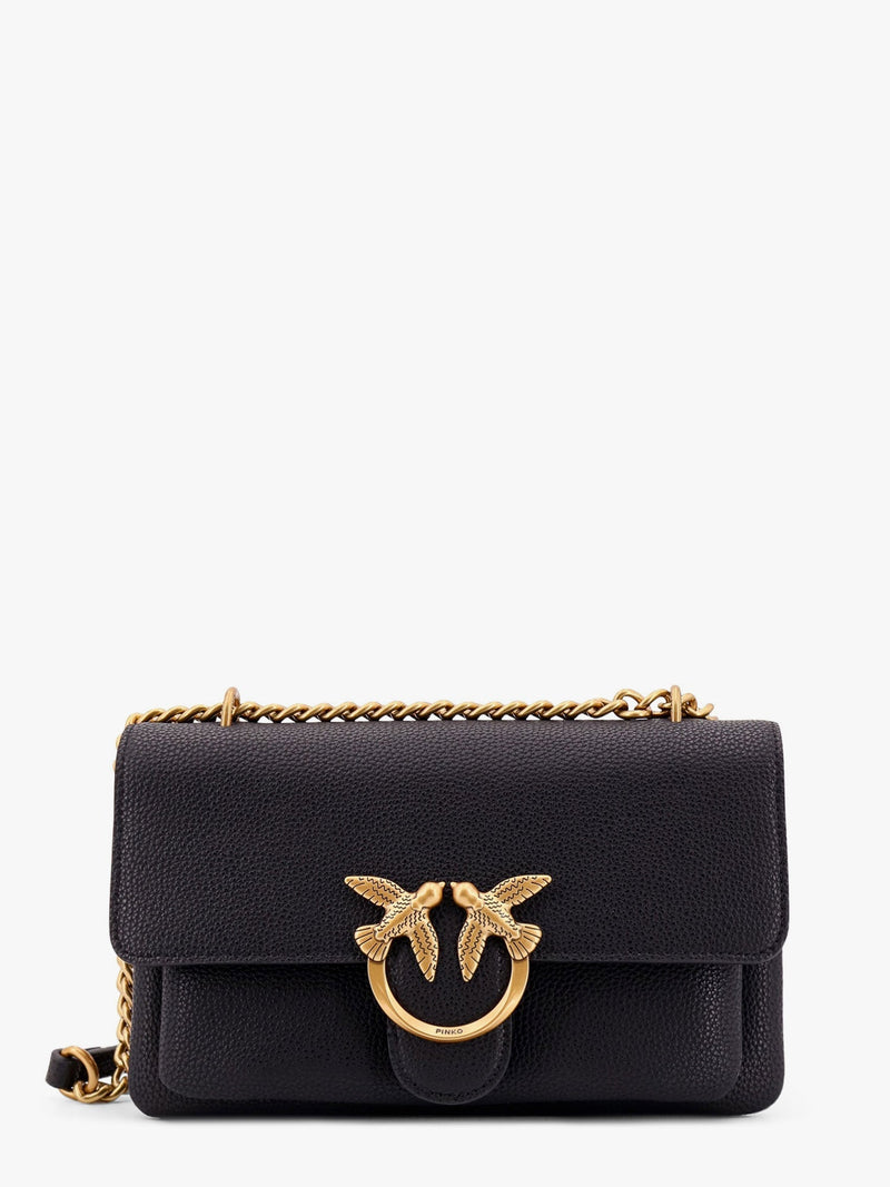Pinko Pinko Leather Shoulder Bag Black with Love Birds Buckle - World Class Fashion