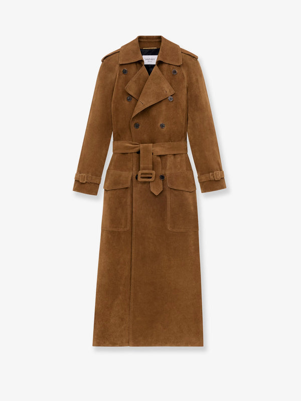 Saint Laurent Long Double-Breasted Suede Trench Coat