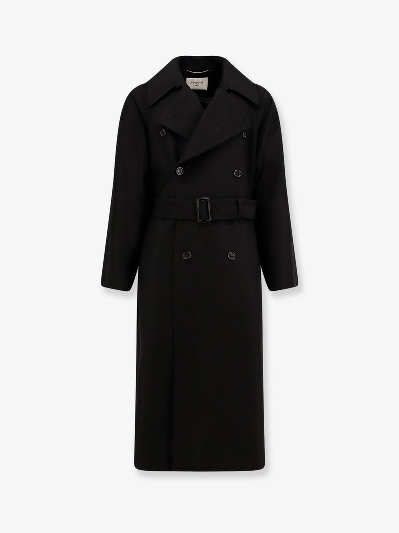 Saint Laurent Saint Laurent Wool Coat with Belt Black - World Class Fashion