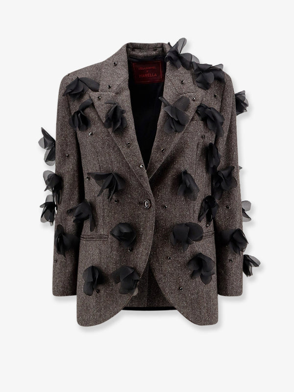 Stella Maxwell X Marella Wool Blend Blazer With Rhinestones And Flower Patch
