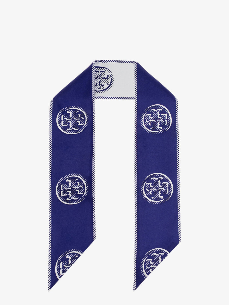 Tory Burch Tory Burch Medallion Logo Ribbon Silk Tie Blue - World Class Fashion