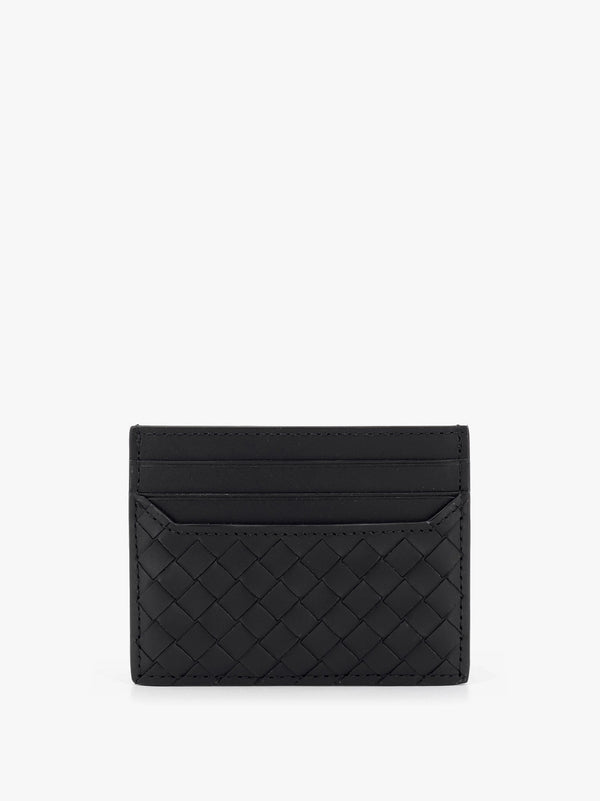 Leather card holder with woven fabric