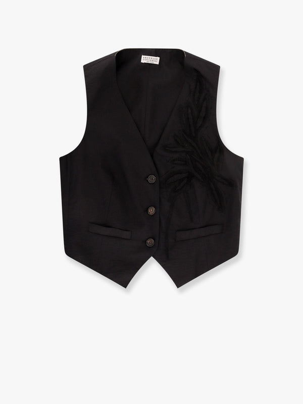 Techno cotton poplin vest with herbarium appliqué and monili