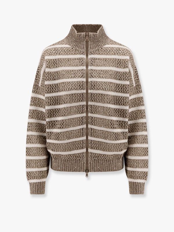 Brunello Cucinelli Dazzling Striped Net Linen Blend Cardigan With Sequins