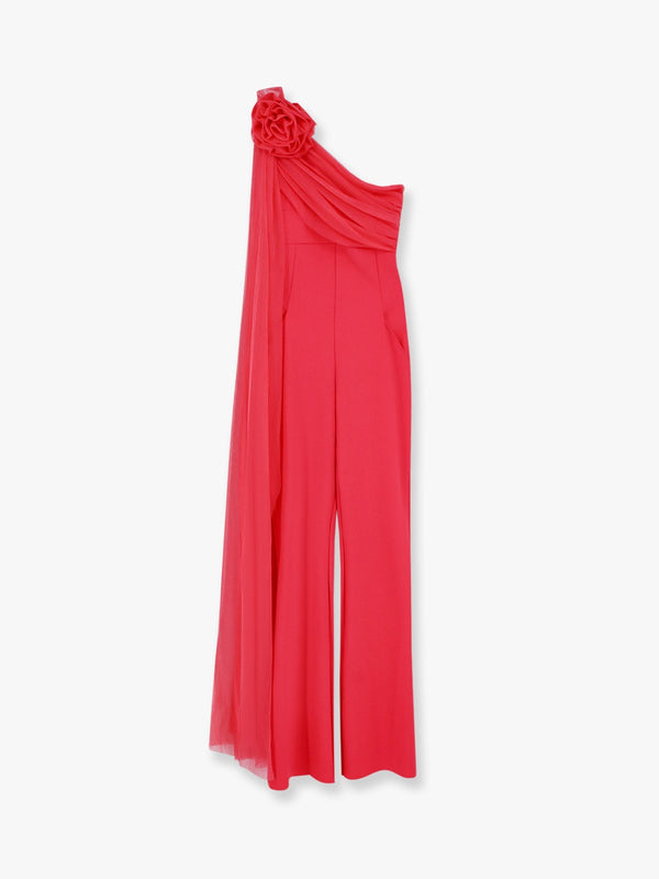 Taki illusion stretch jersey jumpsuit with voile detail