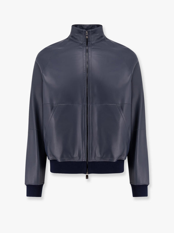 Leather jacket with knitted profiles