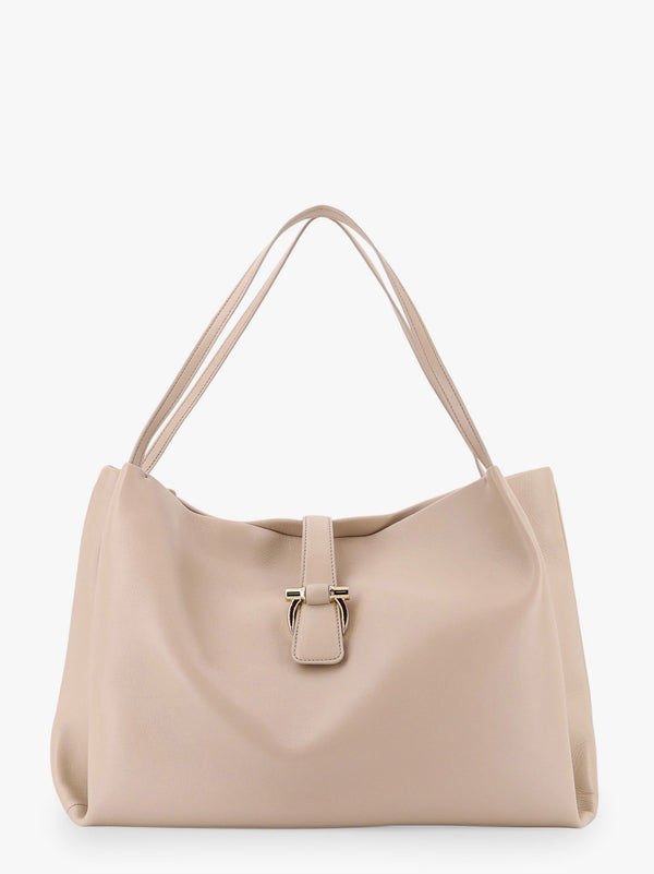 Leather handbag with metal gancini detail