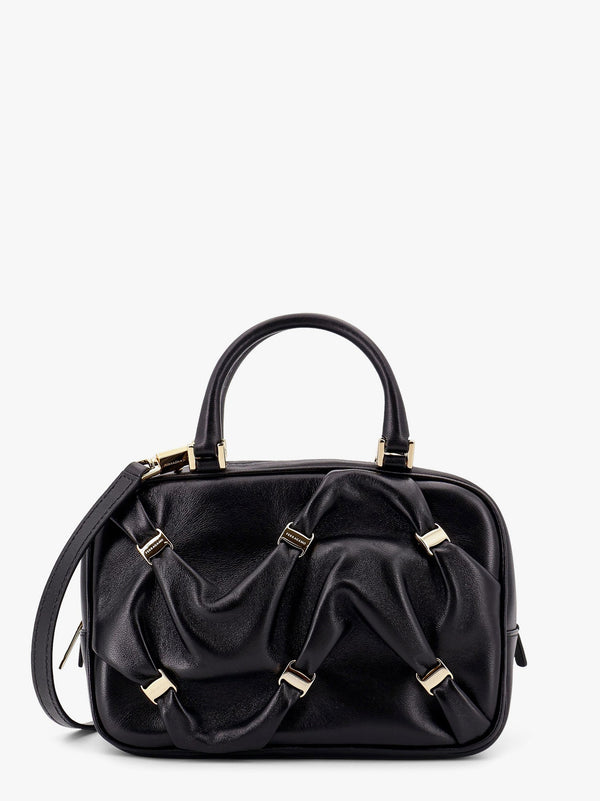 Leather handbag with draped details secured by mini vara bows