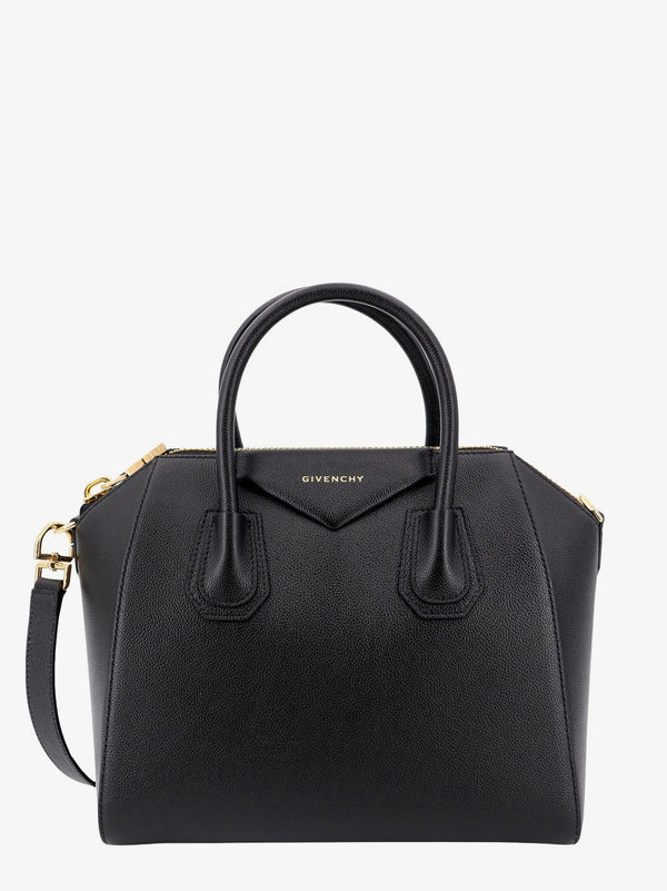 Leather handbag with frontal logo print