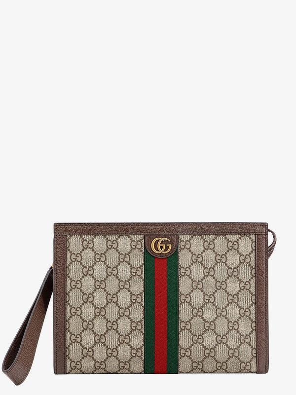 Gg supreme fabric and leather clutch with frontal web band