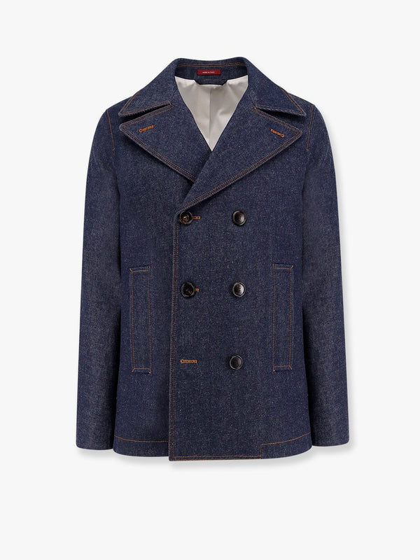 Denim peacoat with contrasting stitching
