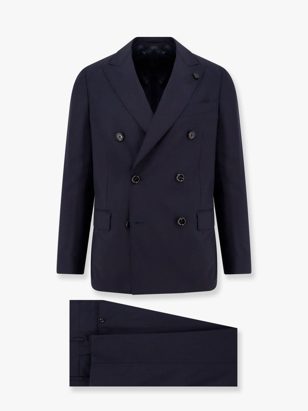 Double-breasted wool suit with iconic brooch