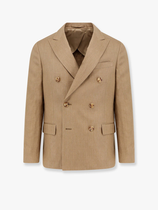 Double-breasted linen blend blazer with iconic brooch