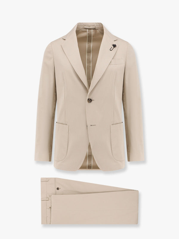 Stretch cotton suit with iconic removable brooch