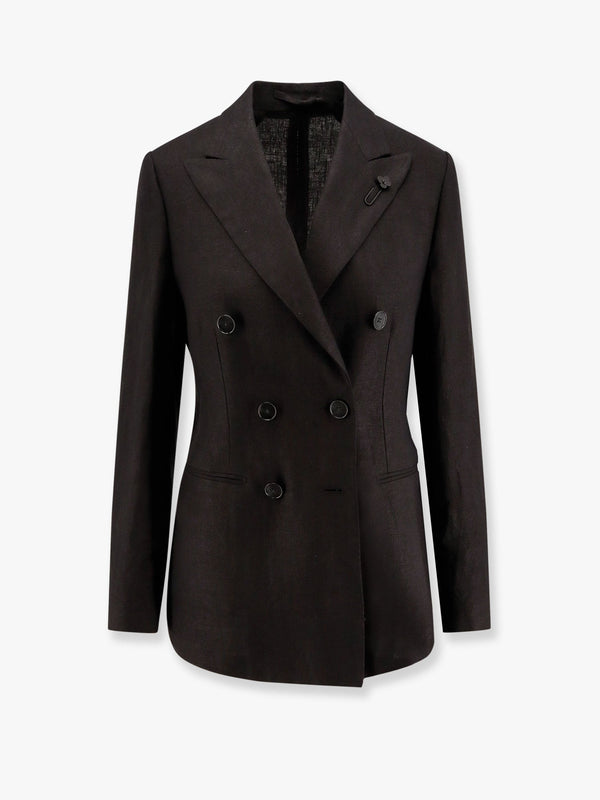Adamsf linen blazer with iconic brooch