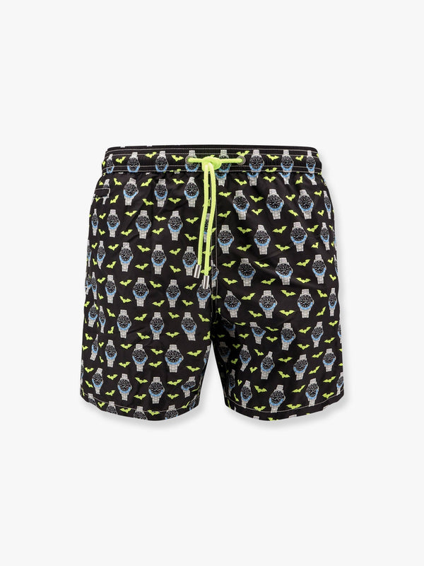 Recycled nylon swim trunks with bat o clock print