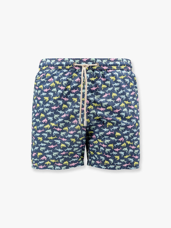 Recycled nylon swim trunks with shark trouble multicolor print