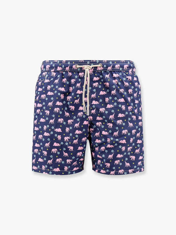 Recycled nylon swim trunk with padel elephant print