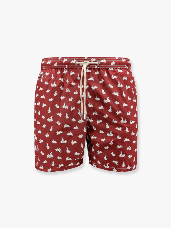 Recycled nylon swim trunks with bunny hop print