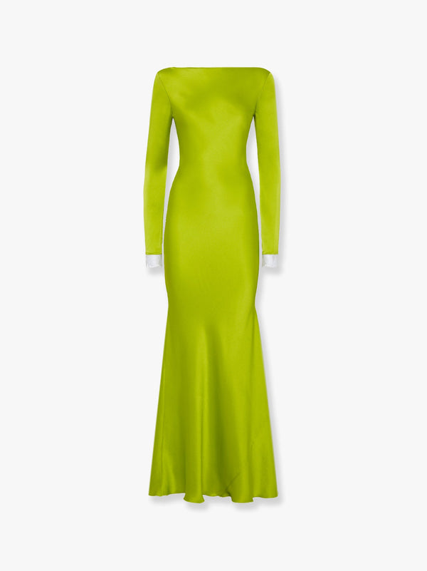 Long satin dress with lace detail