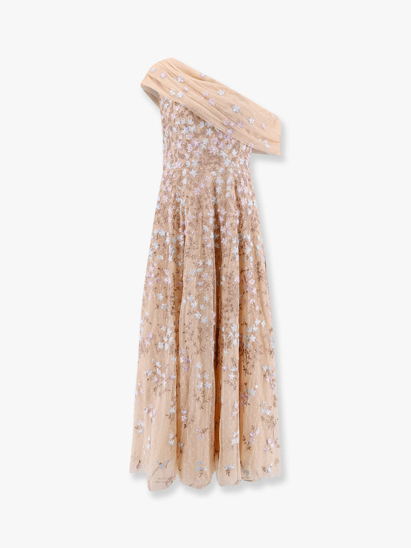 One-shoulder long dress with multicolor embroidery